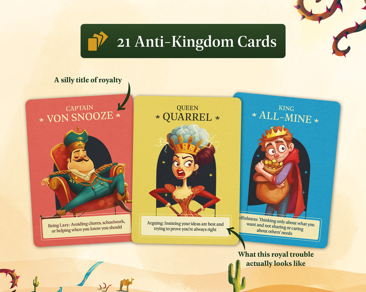 A set of illustrated anti-kingdom cards displayed on a cream background with decorative corner doodles. The header reads '21 Anti-Kingdom Cards,' and three sample cards are shown labeled Captain Von Snooze, Queen's Quarrel, and King All-Mine, each with a different colored background and cartoon character.