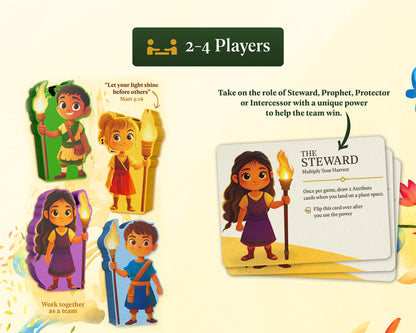 Illustrated game instruction sheet for a 2-4 player card game, showing cartoon character cards, a player role card titled 'The Steward,' and rules text on a light cream background.