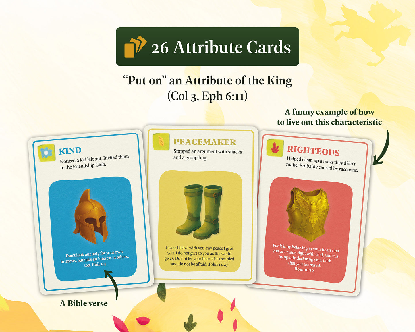 A set of 26 attribute cards, showing three example cards with illustrations and text labels on a light cream background with subtle decorative shapes.