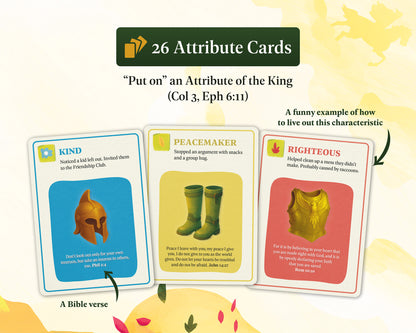 A set of 26 attribute cards, showing three example cards with illustrations and text labels on a light cream background with subtle decorative shapes.