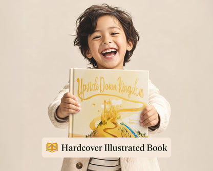 A smiling young boy holds up a hardcover illustrated book titled "Upside Down Kingdom" against a warm beige background. A banner at the bottom reads "Hardcover Illustrated Book.